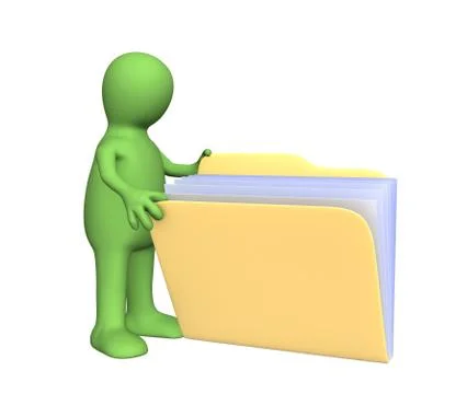3d puppet, opening  folder with documents Illustrazione stock