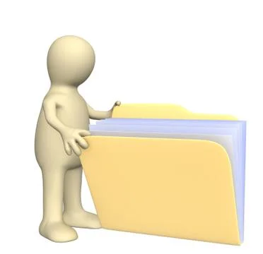 3d puppet, opening  folder with documents 스톡 일러스트