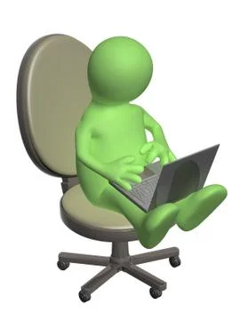 3d puppet, sitting with a laptop Stock Illustration