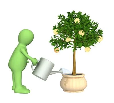 3d puppet, watering monetary tree Stock Illustration