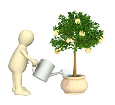 3d puppet, watering monetary tree Stock Illustration
