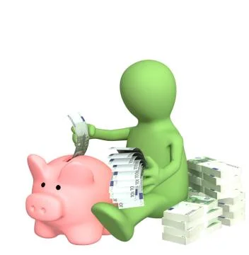 3d puppet who is saving money in piggy bank Stock Illustration