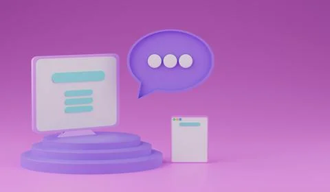 3D purlpe chat bubble, tablet pc and desktop computer on light purple background Stock Illustration