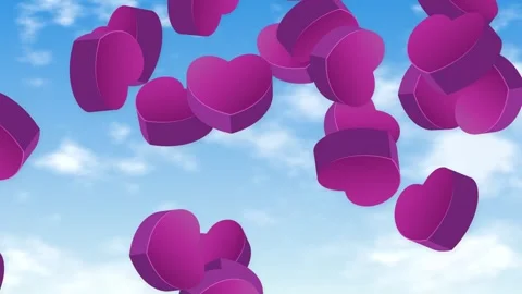 3D Purple Hearts Falling Through a Blue Sky with Clouds Stock Footage 344717538