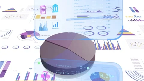 3D purple pie chart rotating as clear panel sliding down, casting HUDs and Stock Footage 334465771