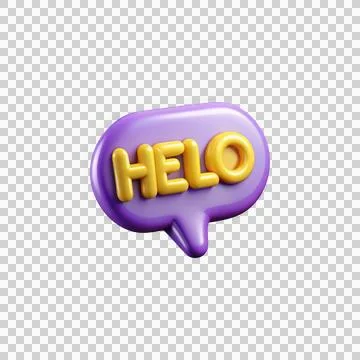 3d purple speech bubble with yellow hello text isolated on transparent back.. Stock Illustration