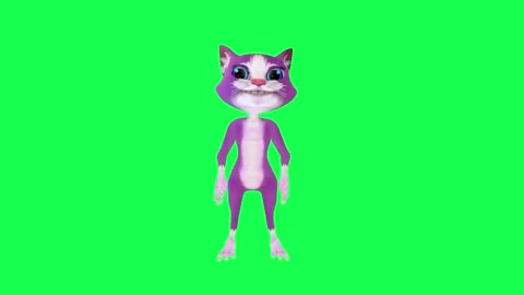 The 3D purple talking cat takes off her gun and puts it back in place from the 스톡 동영상 247973751