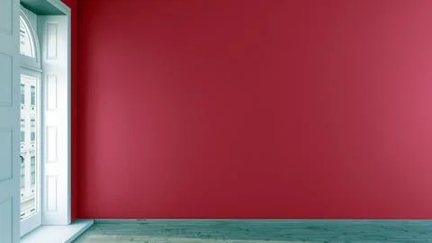 3d purple wall mockup design in an empty room with wooden floor, french windows Illustrazione stock