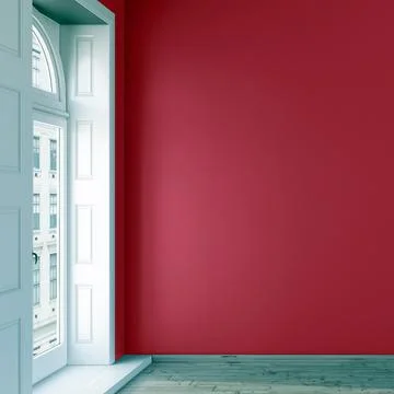 3d purple wall mockup design in an empty room with wooden floor, french windows Stock Illustration