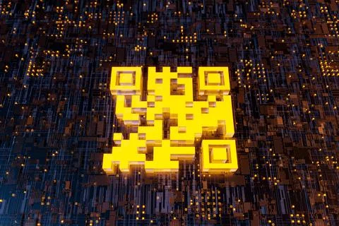 3d QR code on abstract electronic board Stockfoto's