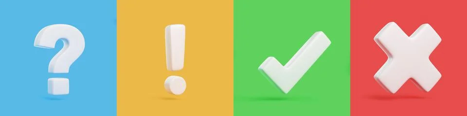 3D Question, Exclamation, Check and Cross Symbols on Colorful Background Stock Illustration
