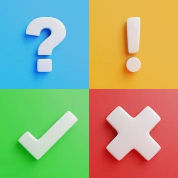 3D Question, Exclamation, Check and Cross Symbols on Color Backgrounds Stock-Illustration