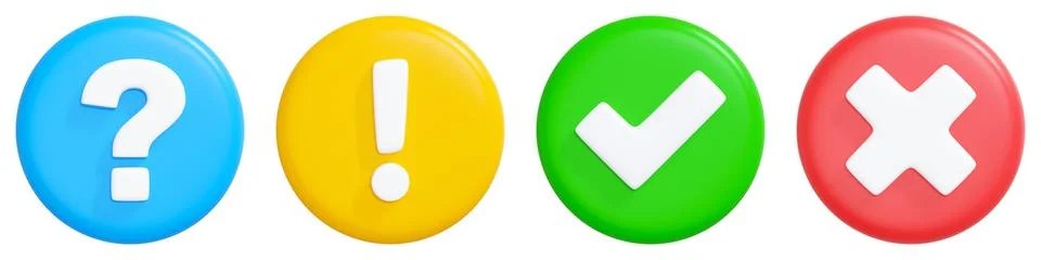 3D Question, Exclamation, Check and Cross Icons on Colorful Buttons Stockillustratie