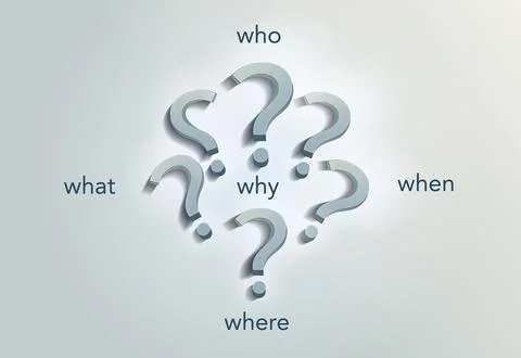 3D question mark banner with words Who What When Where Why.Problem solving Stock Illustration