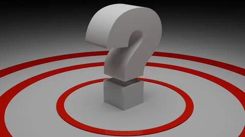 3D question mark centered on red target rings symbolizing focus Illustrazione stock