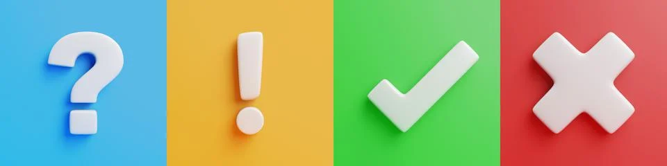 3D question mark, exclamation, check mark and cross icons on colorful backg.. Stock Illustration