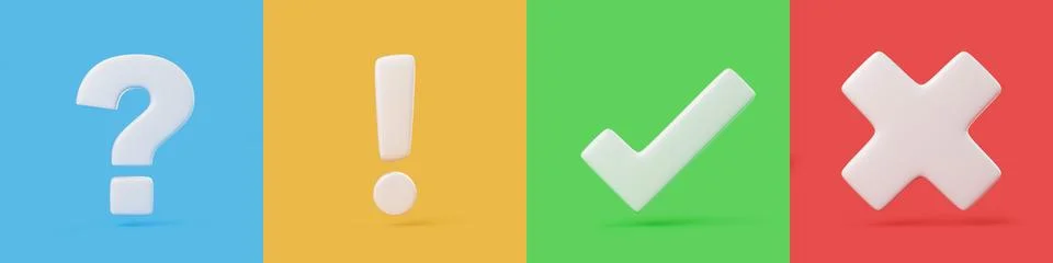 3D Question Mark, Exclamation Mark, Check and Cross Symbols on Color Panels Stockillustratie