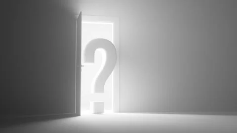 3D Question Mark Reveal In Front of Open Door with Light Shining Stock Footage 310531212