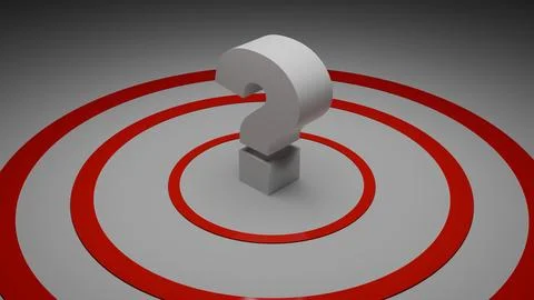 3D question mark standing on red target circles conceptual render Illustrazione stock