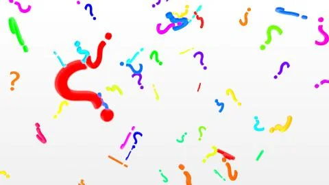 3D Question Marks Falling in Slow Motion Rainbow Colors on White Backdrop Stockillustratie