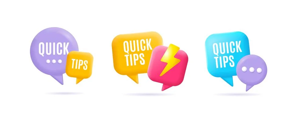 3d Quick Tips Banners Labels Set Solution Concept Cartoon Style. Vector Illustrazione stock