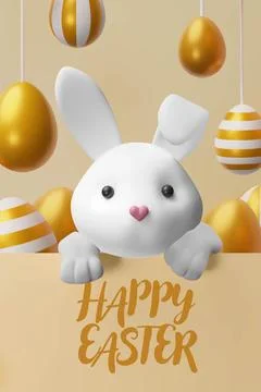 3d rabbit and background gold eggs poster. Stock Illustration