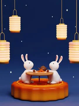 3d Rabbit drinking tea on the moon wit lotus and lanterns on night background Stock Illustration