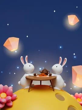 3d Rabbit drinking tea on the moon wit lotus and lanterns on night background Stock Illustration