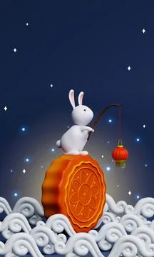 3d Rabbit holding lanterns on baked mooncake on night background. Chinese palace Stock Illustration