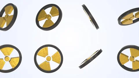3D Radioactive Symbols Falling on a Light Blue Background. Nuclear Sign. 4K Video stock 311499756