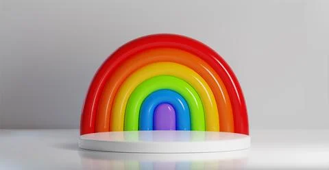 3D rainbow arch behind white round podium Stock Illustration