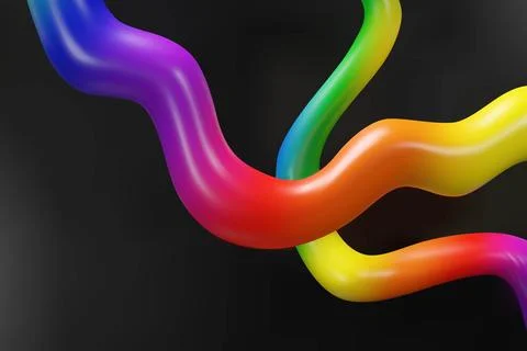 3d rainbow two abstract lines on black background. Stock Illustration