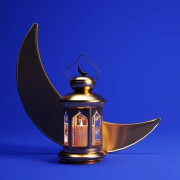 3d Ramadan background with golden lantern, and crescent moon and copy space. Stock Illustration