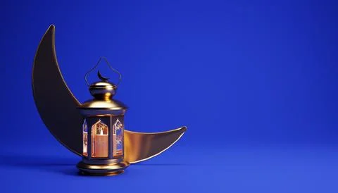 3d Ramadan background with golden lantern, and crescent moon and copy space. Illustrazione stock
