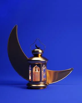 3d Ramadan background with golden lantern, and crescent moon and copy space. Illustrazione stock