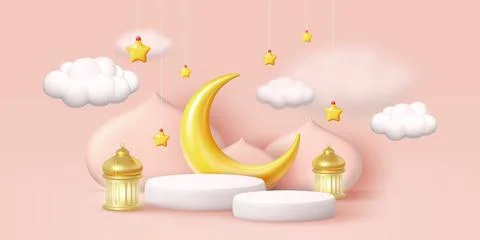 3d Ramadan background. Islam podium banner decoration with moon, crescent and Stock Illustration