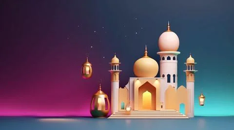 3D Ramadan night banner template showcasing a cute mosque and lantern displ.. イラスト素材