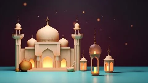 3D Ramadan night banner template showcasing a cute mosque and lantern displ.. Illustrazione stock