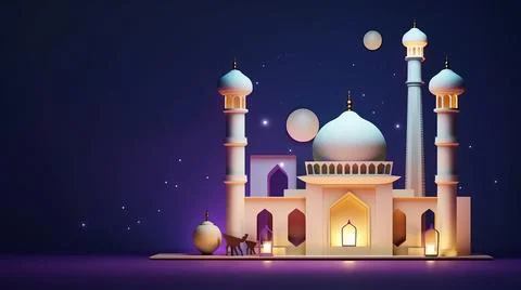 3D Ramadan night banner template showcasing a cute mosque and lantern displ.. Stock Illustration