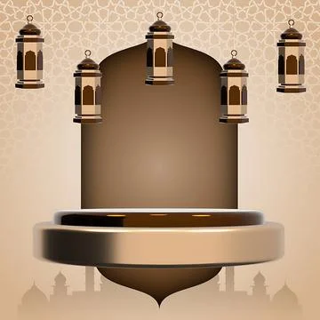 3D Ramadan Podium Background with Hanging Lanterns and Islamic Geometric Pa.. Stock Illustration