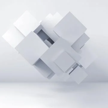 3d random structure of cubes in empty room Illustrazione stock