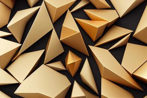 3d random triangles shapes in gold, black, white background Foto stock