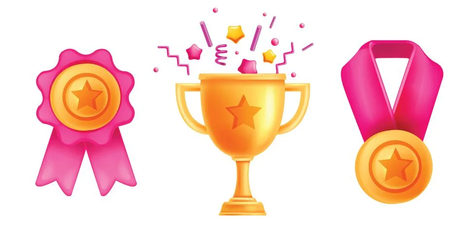 3D ranking icon set, vector game UI medal, golden cup, festive goblet Stock Illustration