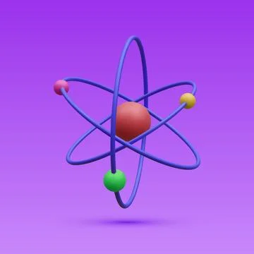 3d realistic atom with orbital electrons isolated on blue background. Nuclear Illustrazione stock