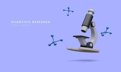 3d realistic banner with microscope, molecules isolated on blue background. M Stock-Illustration