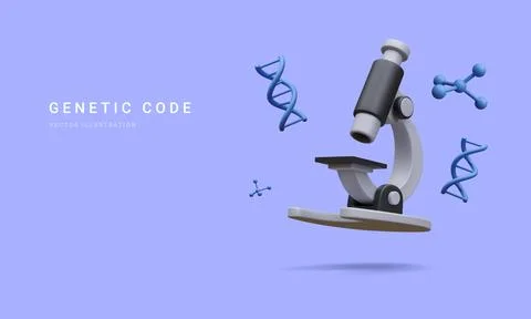 3d realistic banner with microscope, molecules and dna isolated on blue backg Stock-Illustration