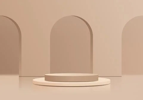 3D realistic beige podium platform stand with entrance door backdrop on minim Stock Illustration