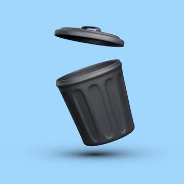 3d realistic black open trash can isolated on blue background. Vector illustr Stock-Illustration