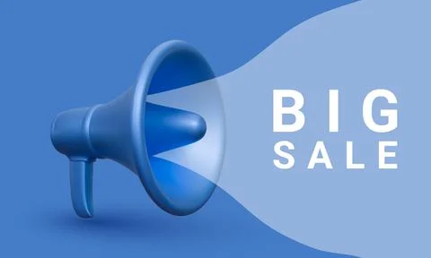 3d realistic blue plastic megaphone marketing concept. Big sale. Vector illus Illustrazione stock