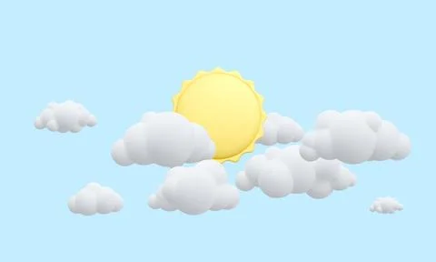 3d realistic blue sky with clouds and sun in cartoon style. Vector illustrati Illustrazione stock